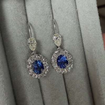 Natural Ceylon Blue Sapphire & Genuine Vintage Diamond Earrings in 18k White Gold