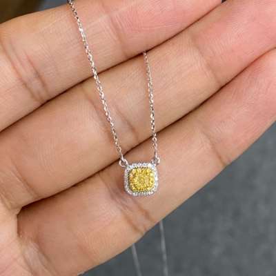 Natural Fancy Yellow Cushion Diamond Necklace in 18K Gold