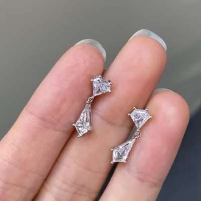 Natural White Diamond Shield Kite Dangle Earrings 18k White Gold.