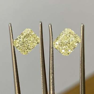 two radiant cut diamonds, 1.11ct & 1.08ct, GIA certified,,that rare lemon-to-gold glow (W-X & Y-Z range)  VS2 clarity.